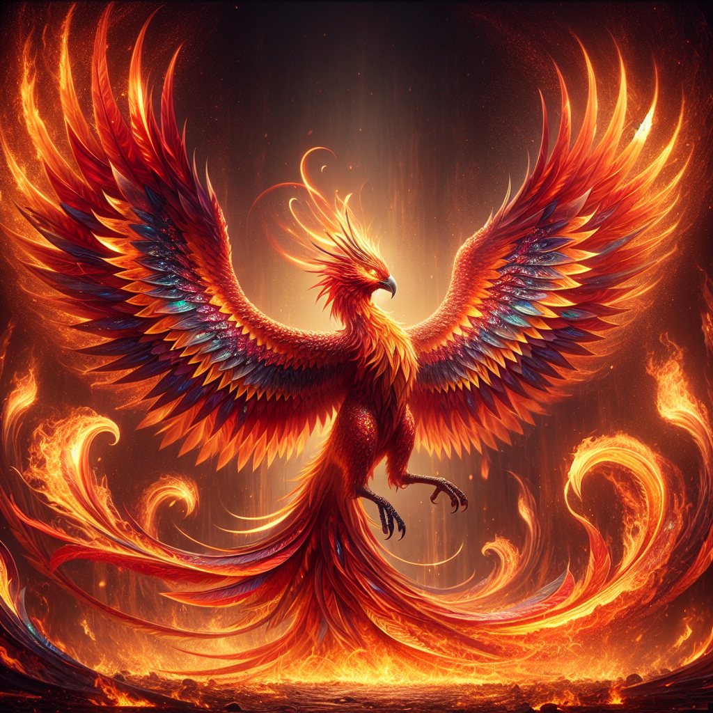 A fiery phoenix rising with wings spread wide, symbolizing rebirth, strength, transformation, and the Fierce Movement rising from the ashes.