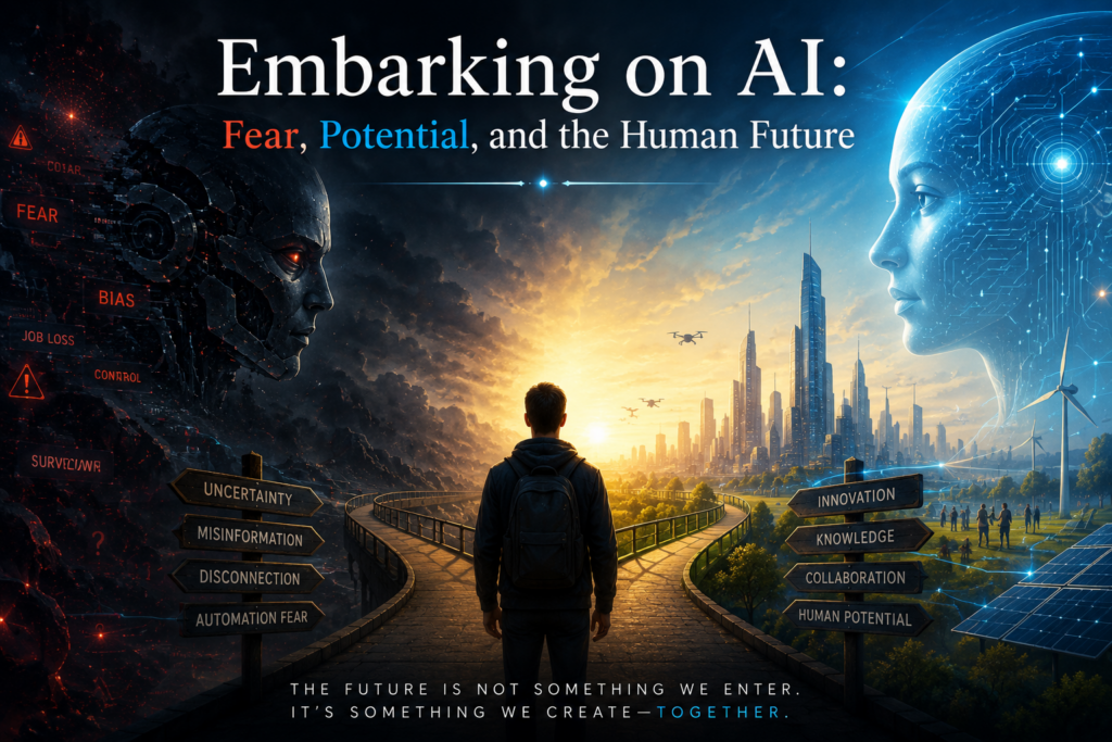 A person stands at a crossroads between a dark, fear-driven vision of artificial intelligence and a bright, collaborative future where humans and AI coexist ethically, symbolizing the choices humanity faces in shaping the future of AI.