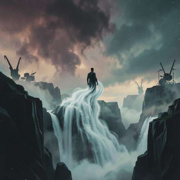 A lone figure stands above flowing water between cliffs under storm clouds, symbolizing adaptability, transformation, and forward movement.