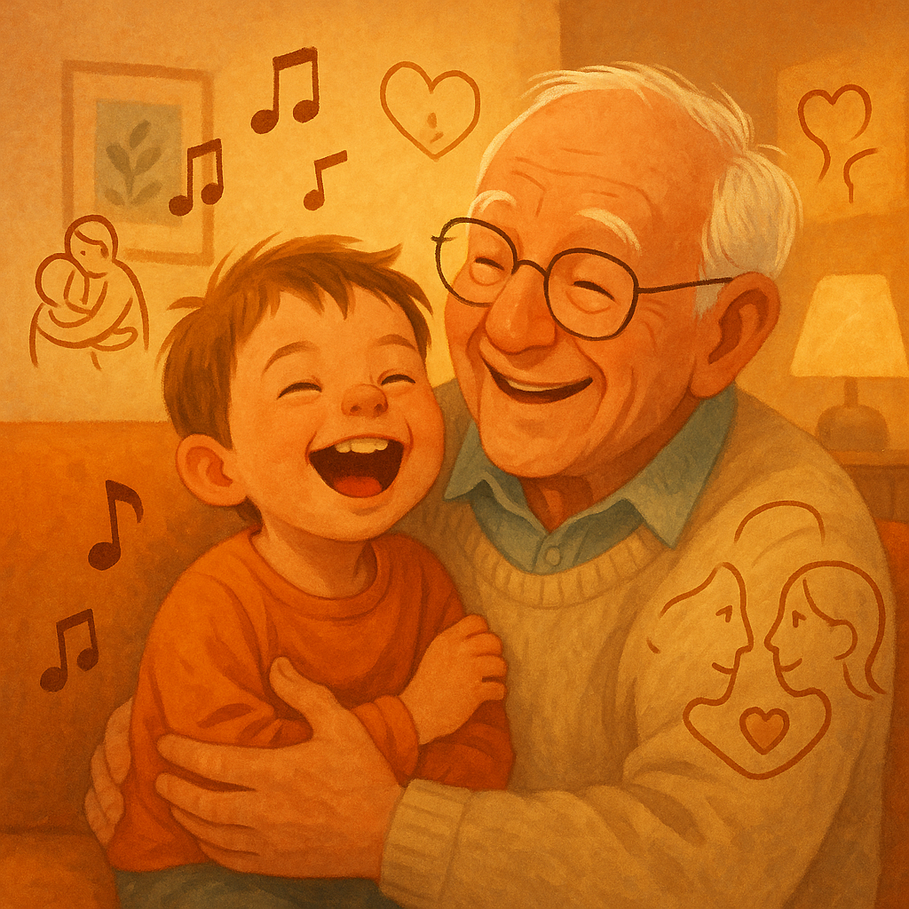 A heartwarming scene a young child with a grandparent, surrounded by music notes familial embraces, and moments understanding. The background exudes warmth emotional connection, symbolizing essence of human