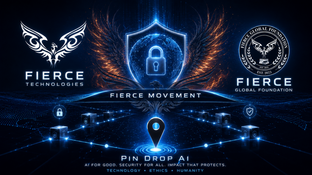 A futuristic digital security image showing Pin Drop AI at the center of a protected network, with Fierce Technologies, Fierce Movement, and Fierce Global Foundation represented around it, symbolizing technology, ethics, humanity, data integrity, and mission protection within the Fierce ecosystem.