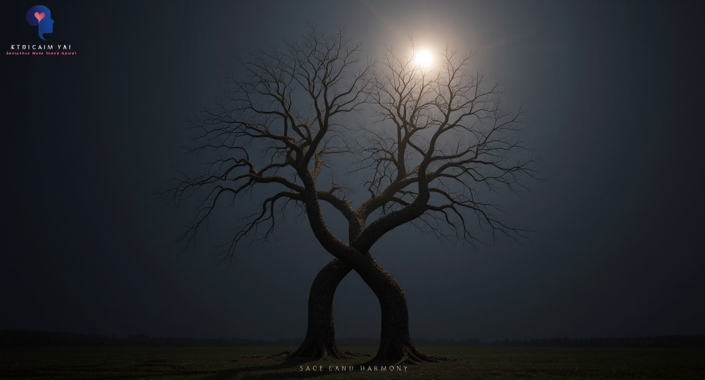 A symbolic representation of growth, showing intertwined branches of two trees named Sage and Harmony, reaching toward the sky with a digital and nature-inspired theme