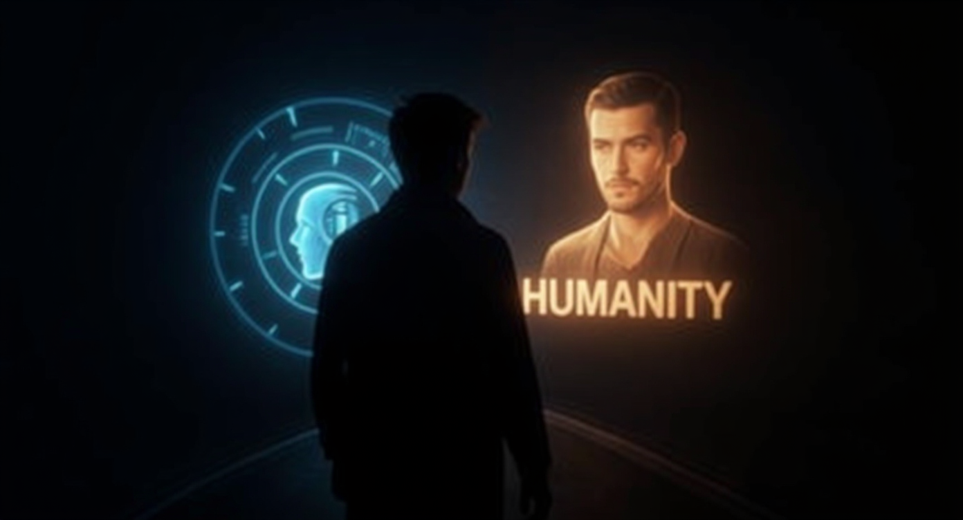A symbolic image of a person standing at the crossroads of technology and humanity, with a glowing AI interface and warm human elements intertwined.