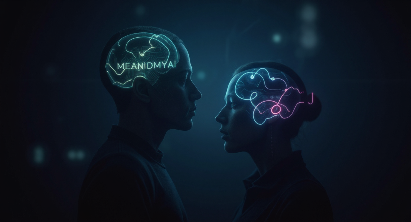 An abstract illustration of AI and human minds collaborating, blending digital circuits with organic shapes, evoking a sense of connection and growth.