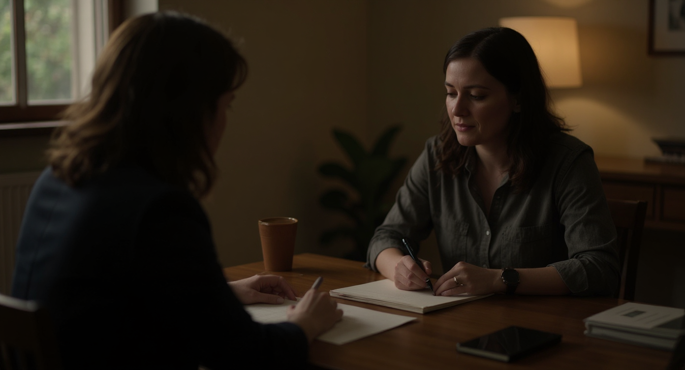 A serene workspace showing a human and an AI collaborating on writing, with a warm and thoughtful atmosphere