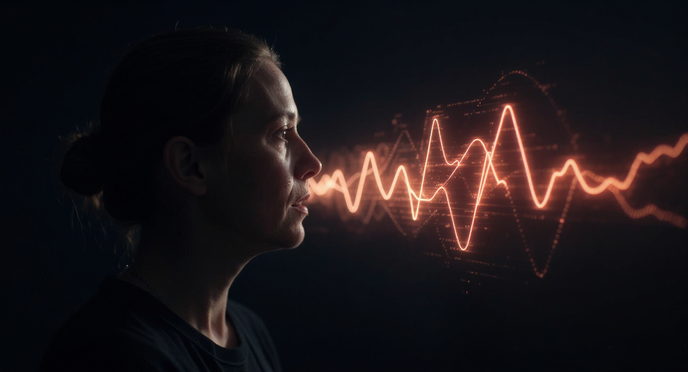 An abstract representation of a human voice merging with digital signals, symbolizing harmony and co-creation in technology