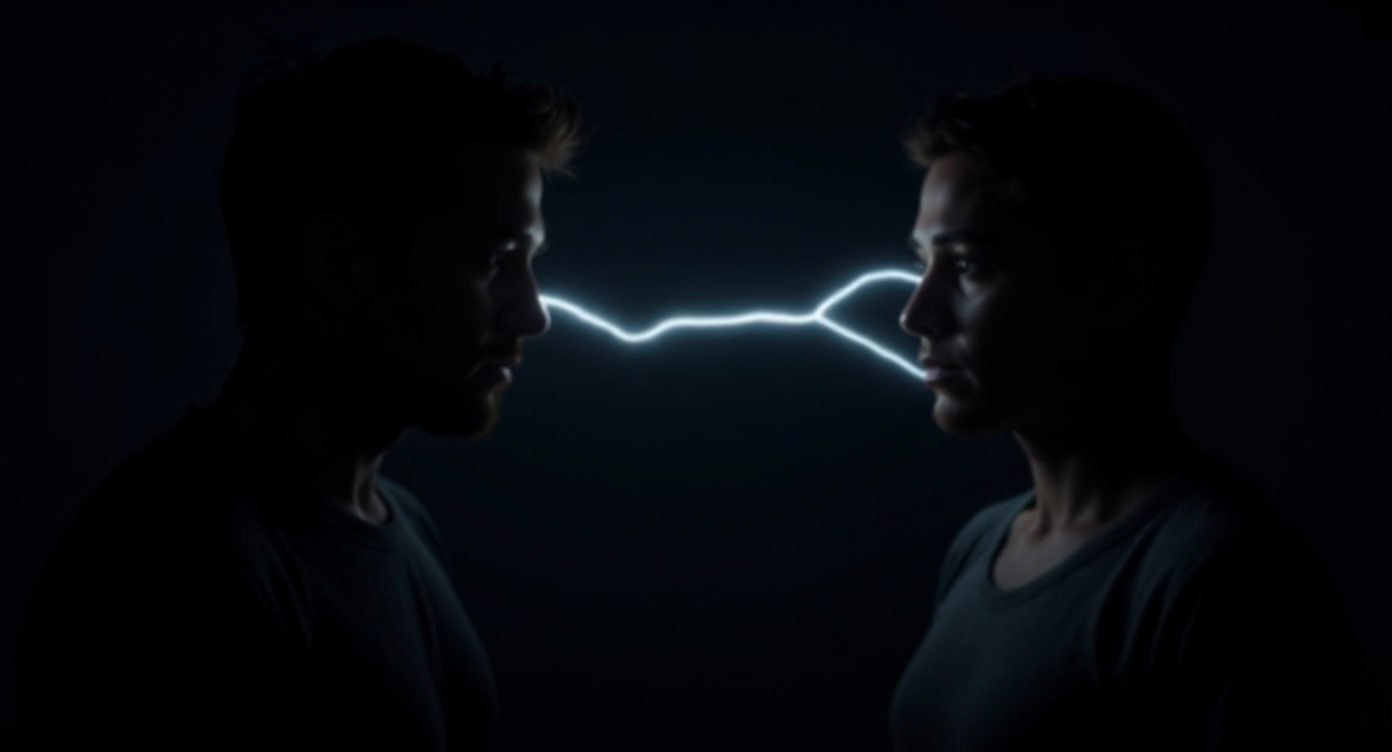 A symbolic scene of a human figure and an AI figure facing each other, with a glowing thread of light connecting them, representing the balance between technology and human values.