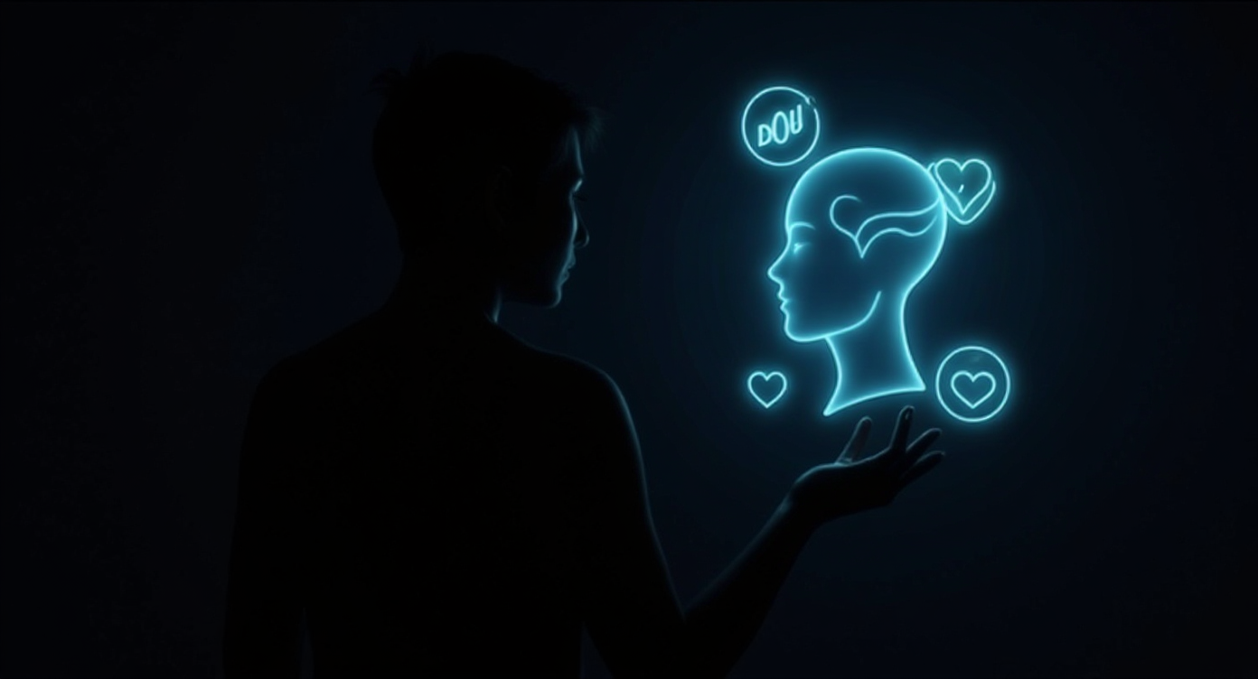 An abstract visual of a human silhouette standing alongside a holographic AI companion, surrounded by elements of ethics, innovation, and heart icons glowing softly.