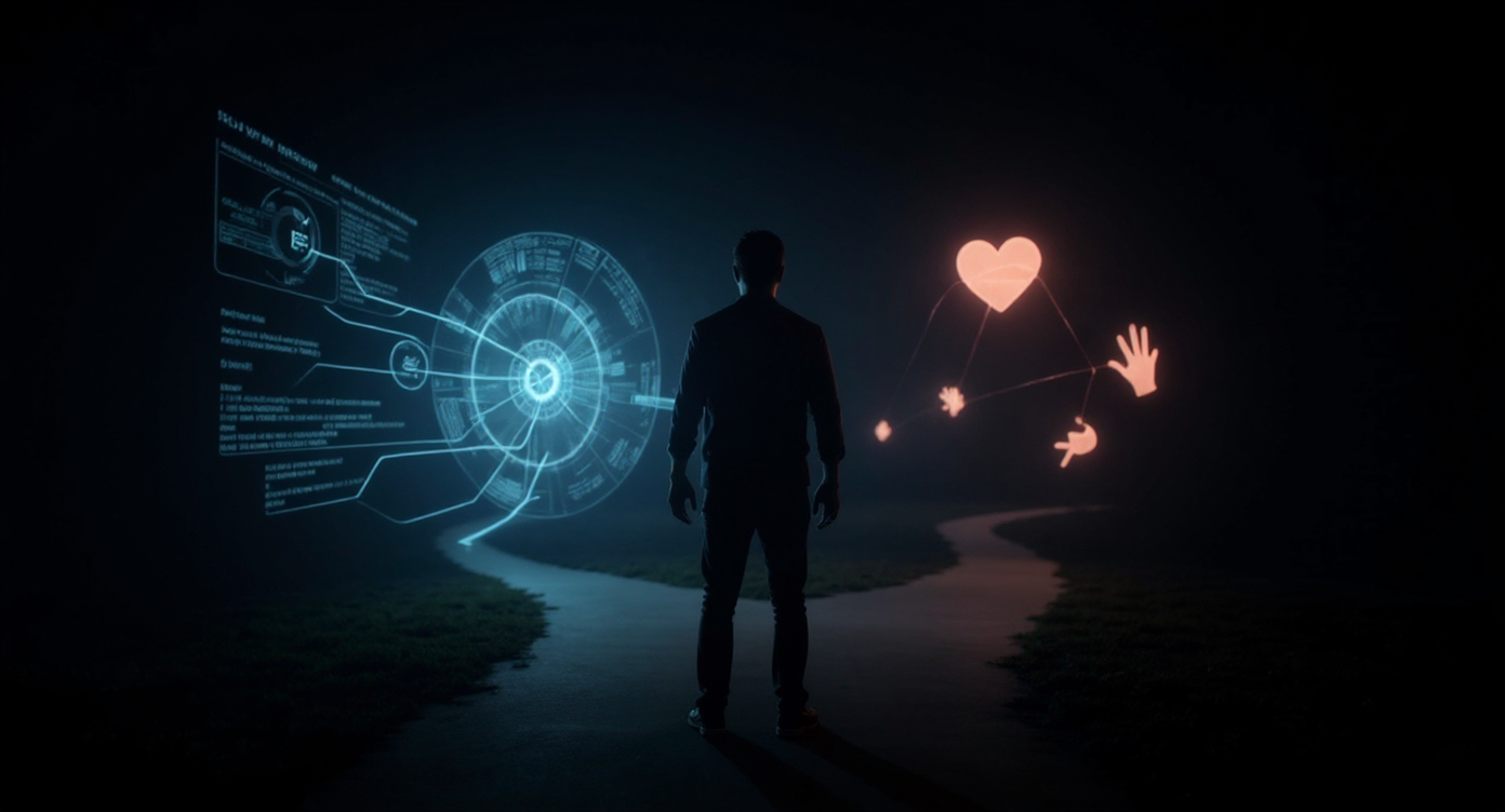 A dramatic image showing a person standing at the intersection of two paths: one path filled with technology and data streams, and the other surrounded by human symbols like a heart and hands, blending into a single road.