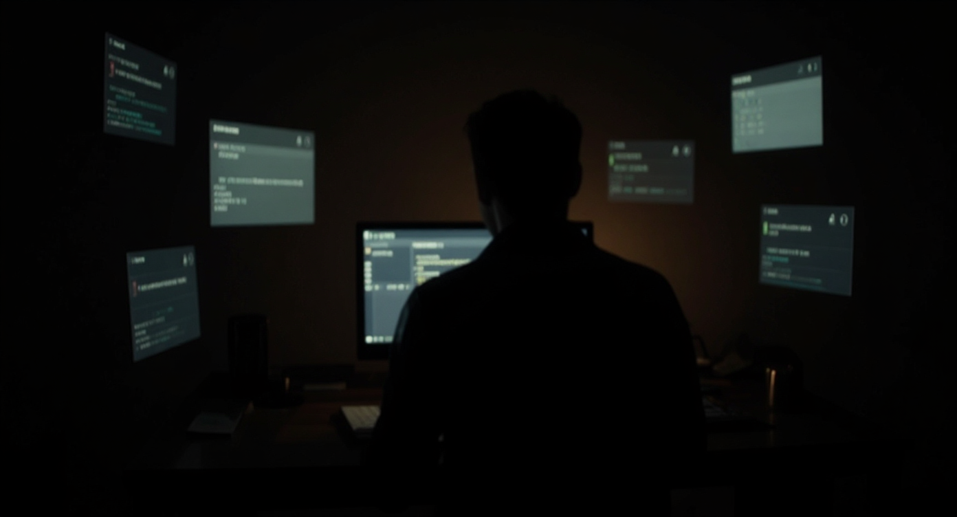 A dramatic, cinematic digital artwork of a creator at a desk surrounded by floating content cards, calendars, and gentle AI-inspired light, showing overwhelm becoming organized clarity, warm dark room, human-centered technology, MEANDMYAI reflective mood, no text.