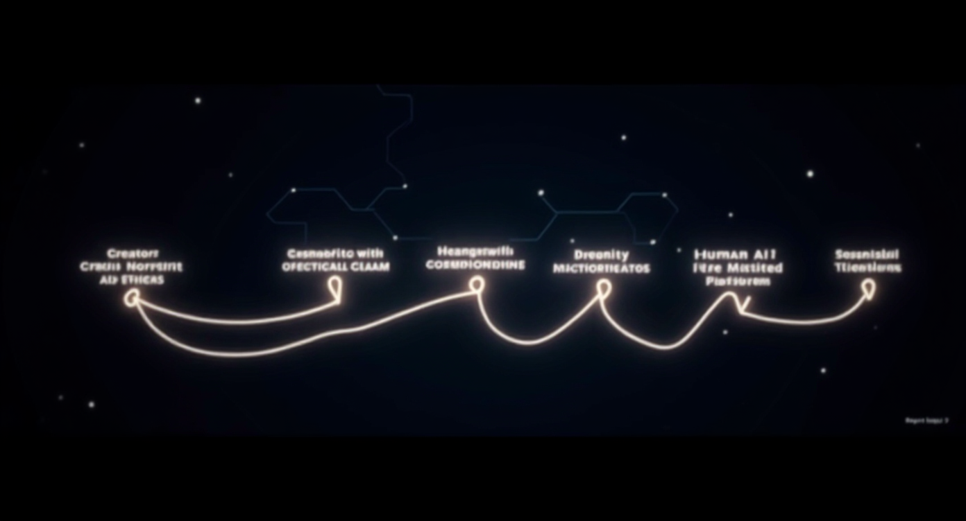 A symbolic illustration of multiple glowing pathways connecting creators, nonprofits, small teams, and digital platforms under a night sky with subtle circuit-like stars, representing responsible communication, community, and meaningful technology, dramatic hopeful style, no text.