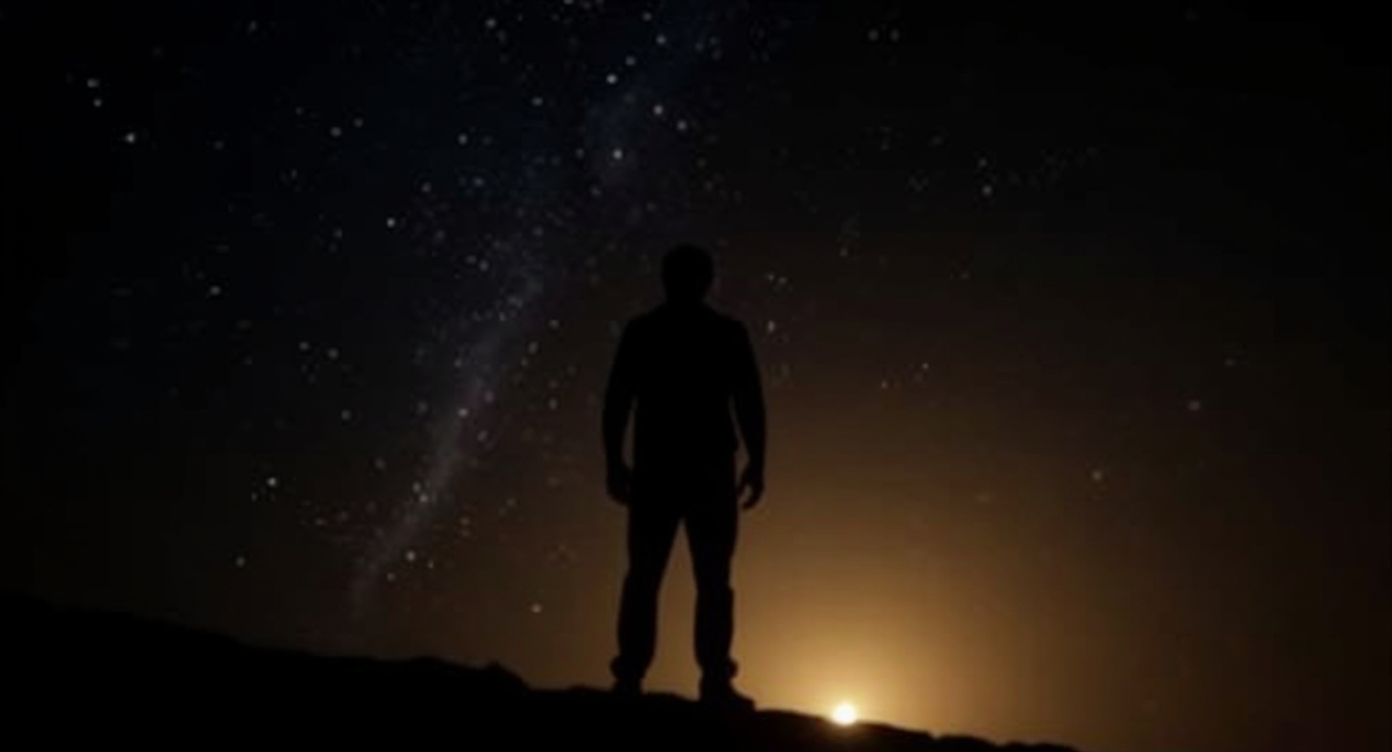 A dramatic, cinematic digital artwork of a person standing at the edge of shadow and warm light, with subtle AI-inspired constellations and gentle glowing threads in the sky, symbolizing finding hope and meaning inside difficulty, reflective MEANDMYAI mood, no text.