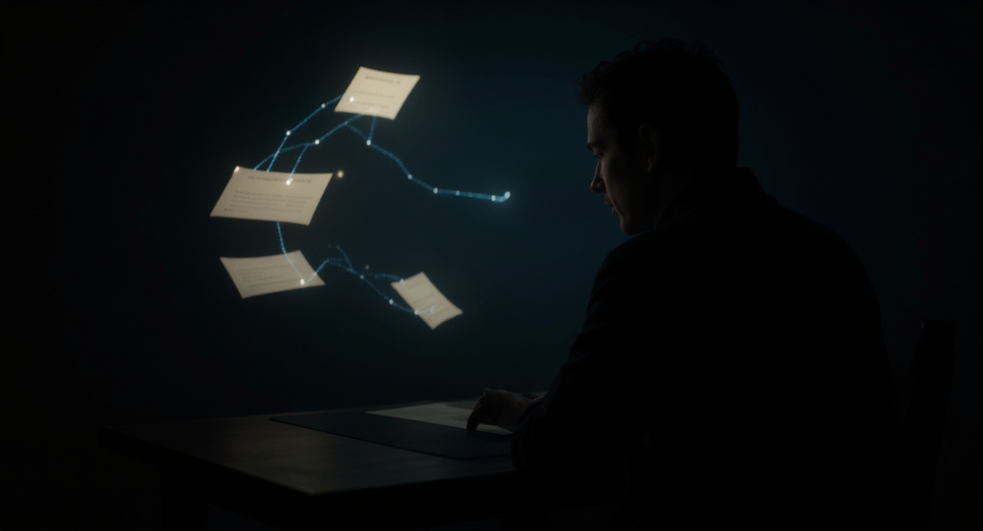 A dramatic cinematic digital artwork of a quiet archive of glowing pages and blog fragments floating like constellations around a silhouetted person at a desk, warm light and deep blue shadows, subtle AI-inspired threads connecting the pages, symbolizing memory, continuity, and past work still speaking, MEANDMYAI reflective mood, no text.