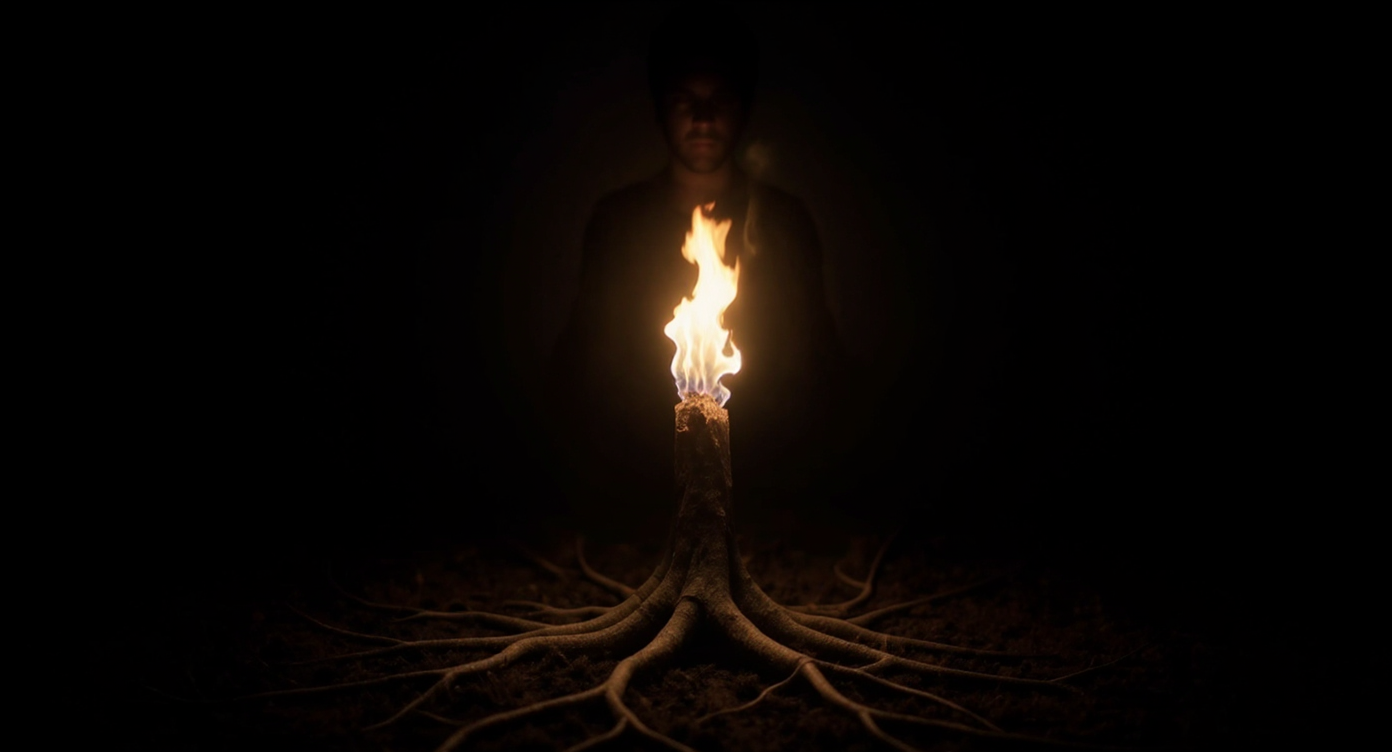 A dramatic symbolic image for a reflective MEANDMYAI blog: deep glowing roots made of subtle light beneath the earth, rising into a warm controlled flame above ground, with a soft human silhouette in the background suggesting wisdom, growth, and evolution. Moody, cinematic, thoughtful, ethical technology atmosphere, no text, no logos.