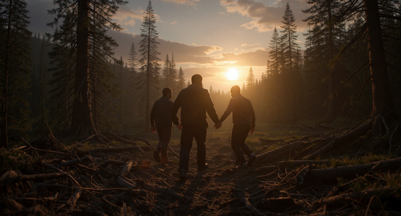 A powerful symbolic landscape where a cut-down forest opens into rough terrain, with diverse people standing together and helping each other forward toward a bright horizon; hopeful, dramatic, human-centered, cinematic, no text.