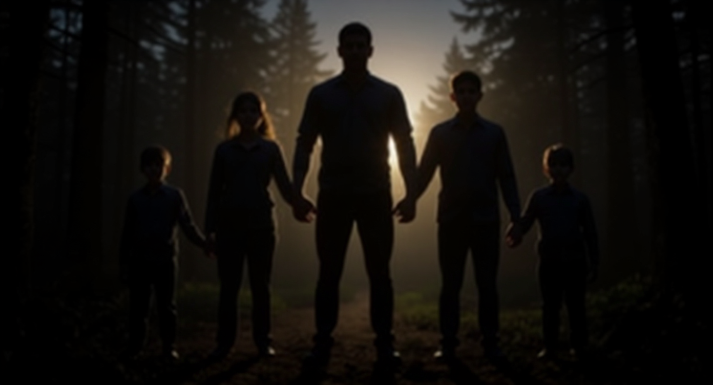 A poetic image of giant human silhouettes forming strong shoulders and a foundation for children and future generations to stand on, with subtle forest and technology-inspired light in the background; inspirational, warm, dramatic, no text.