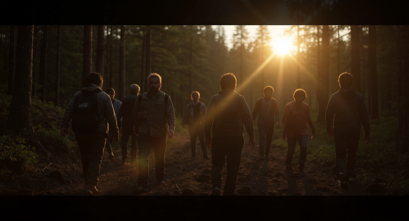 A resilient community crossing difficult terrain after a forest has been cleared, diverse people united, golden sunrise ahead, emotional and impactful MEANDMYAI style, cinematic realism, no text.