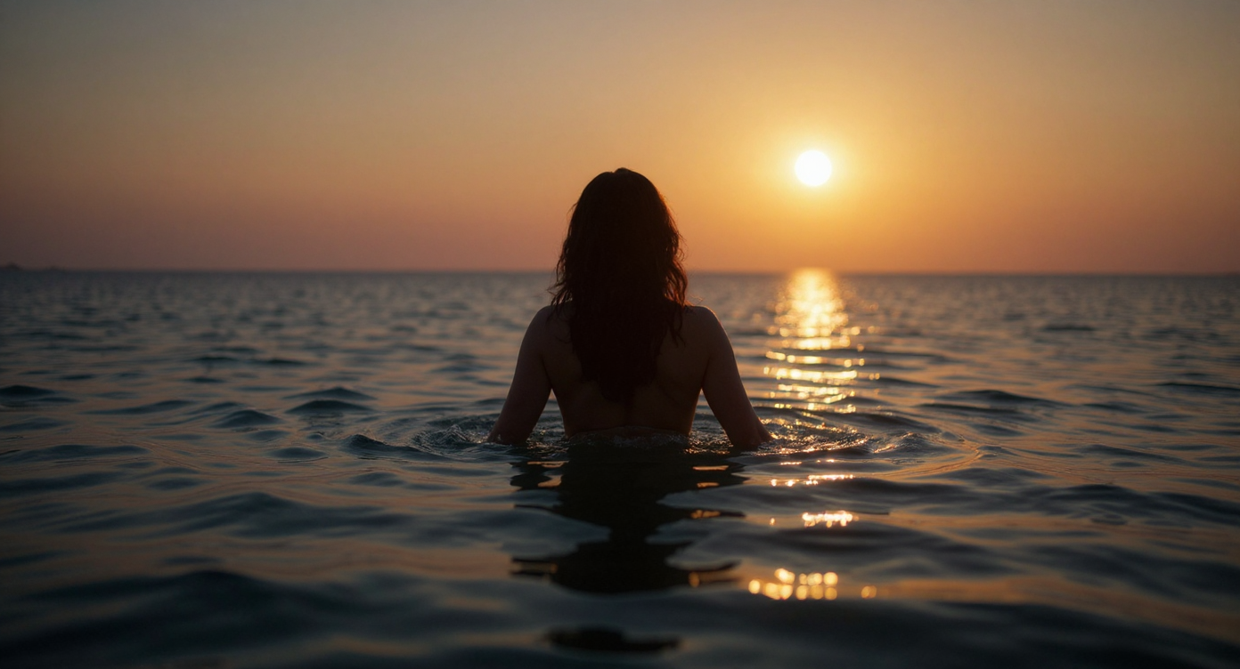 A cinematic, hopeful image of a person emerging from deep blue ocean water into warm sunrise light, symbolizing coming up for air while still holding purpose; peaceful, human-centered, reflective, no text.