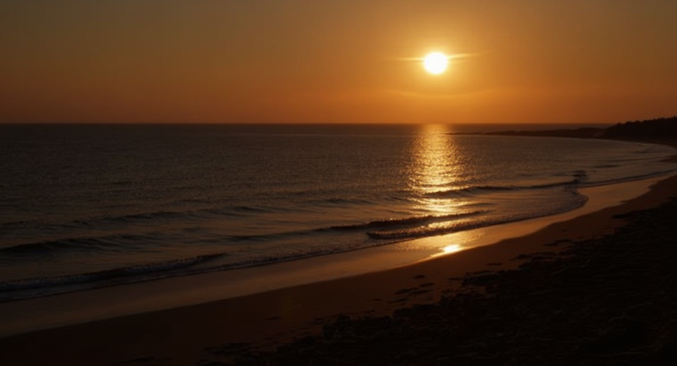 A poetic shoreline scene at sunrise where deep ocean meets steady land, with soft light and a sense of hope, clarity, breath, and mission; warm reflective MEANDMYAI style, no text.