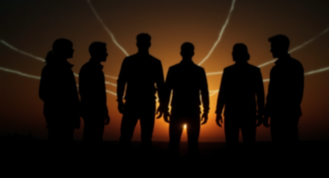 A dramatic, cinematic MEANDMYAI-style image showing a diverse group of silhouetted people standing together beneath a warm sunrise, with subtle glowing lines suggesting connection, dignity, and shared responsibility; emotional, hopeful, reflective, no text.