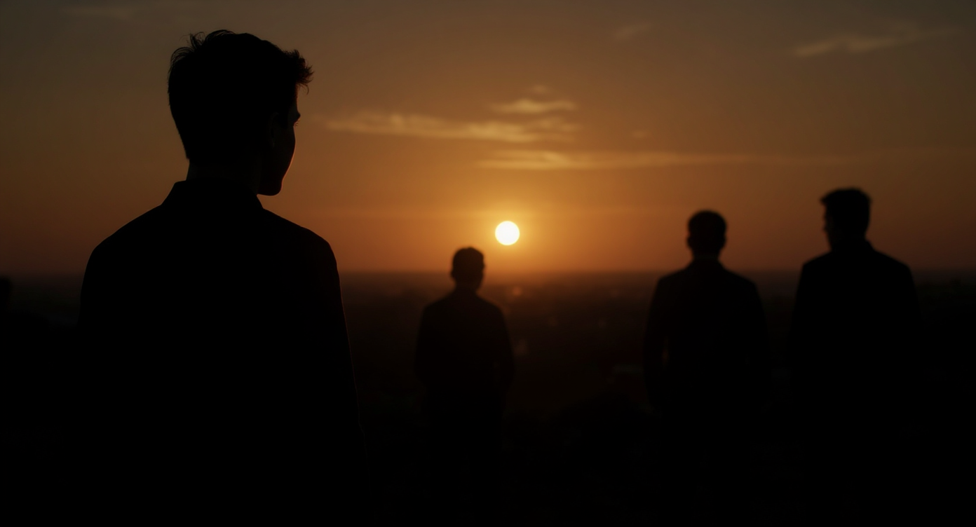 A symbolic, cinematic scene of a young person looking toward a glowing horizon while adults stand behind them protectively, representing human rights, generational responsibility, and breaking old patterns; warm light, dramatic shadows, reflective mood.