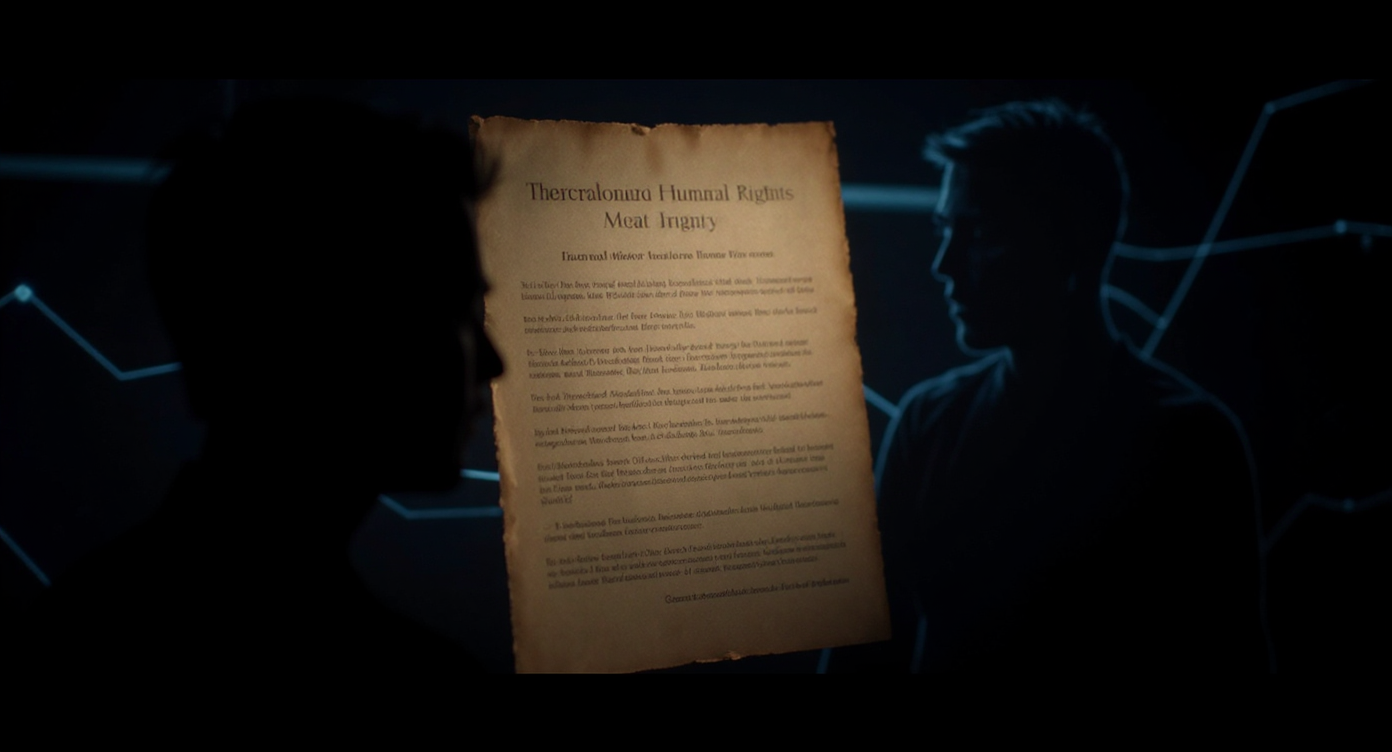 A poetic visual of an old parchment-like human rights document softly illuminated beside modern digital network lines and a human silhouette, blending 1948 history with today’s digital dignity and ethical AI responsibilities; dramatic, elegant, no readable text.