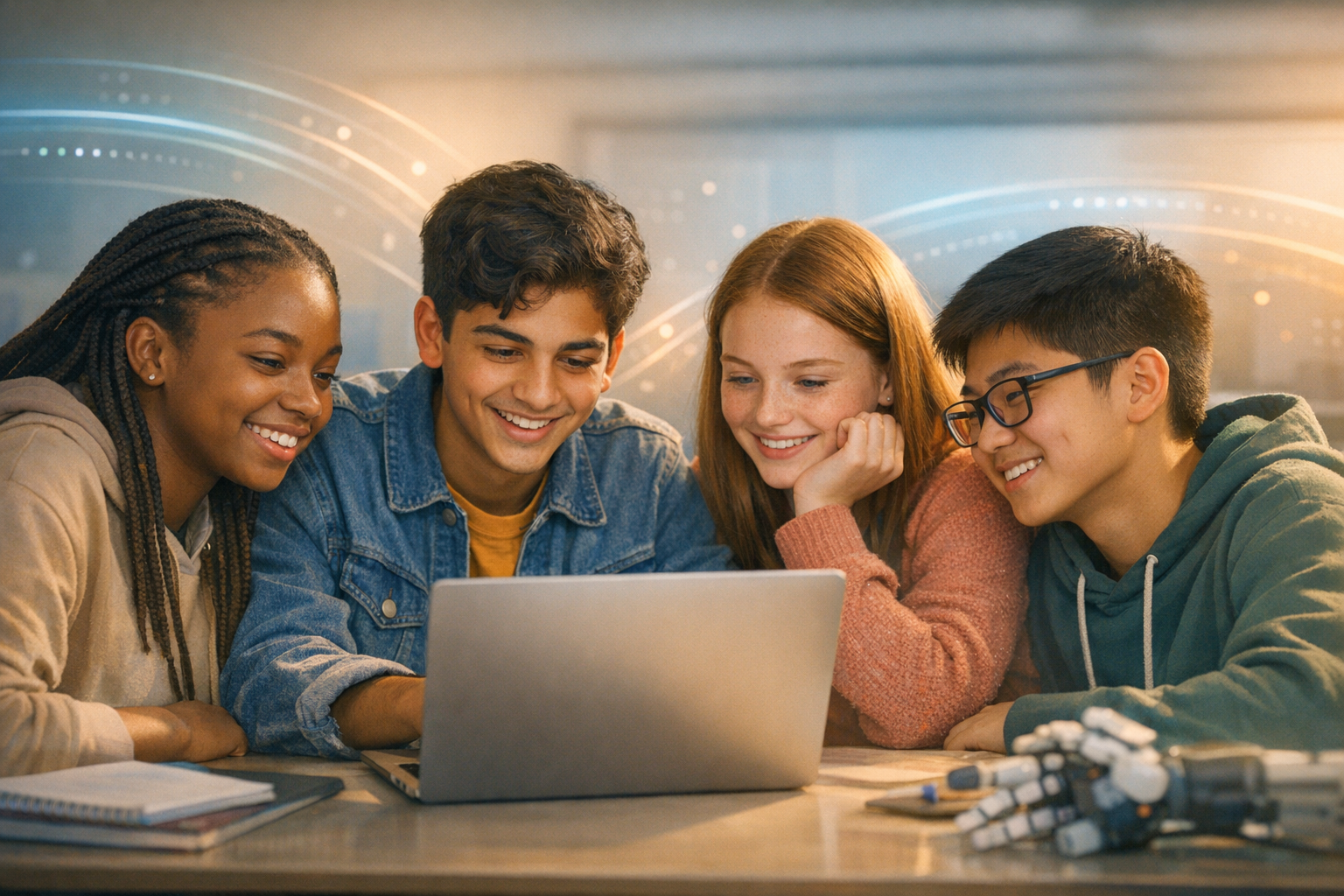 A warm, empowering editorial-style image for a blog about children and AI: diverse high school students gathered around a laptop learning about artificial intelligence, subtle futuristic light patterns, hopeful and safe digital learning atmosphere, MEANDMYAI-inspired modern tech identity, friendly nonprofit education tone, no text in image.
