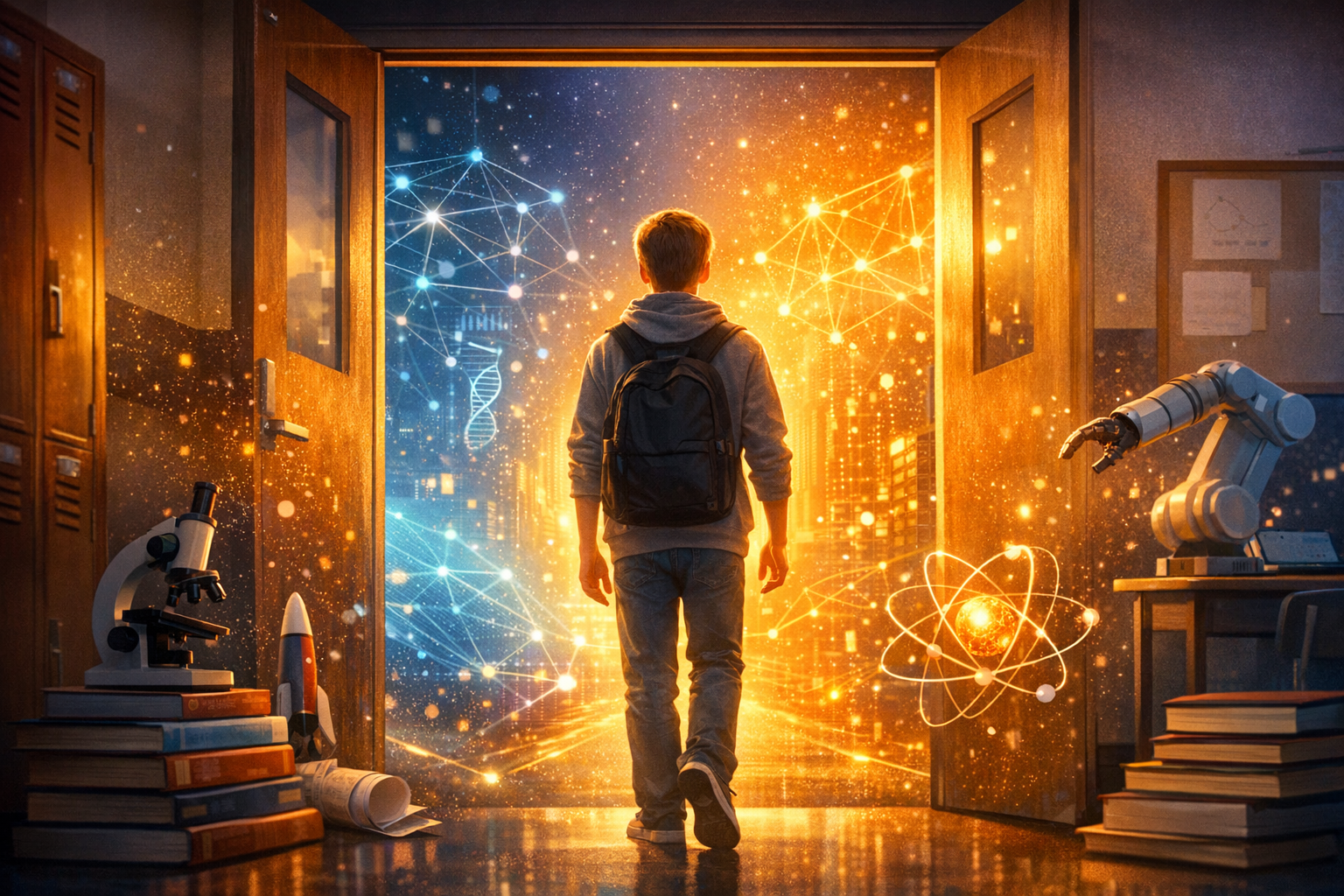 A symbolic blog hero image showing a teen standing at the doorway between school life and a bright digital STEM future, soft glowing AI network patterns, books and science elements, optimistic warm lighting, responsible technology theme, MEANDMYAI-inspired color energy, no text in image.